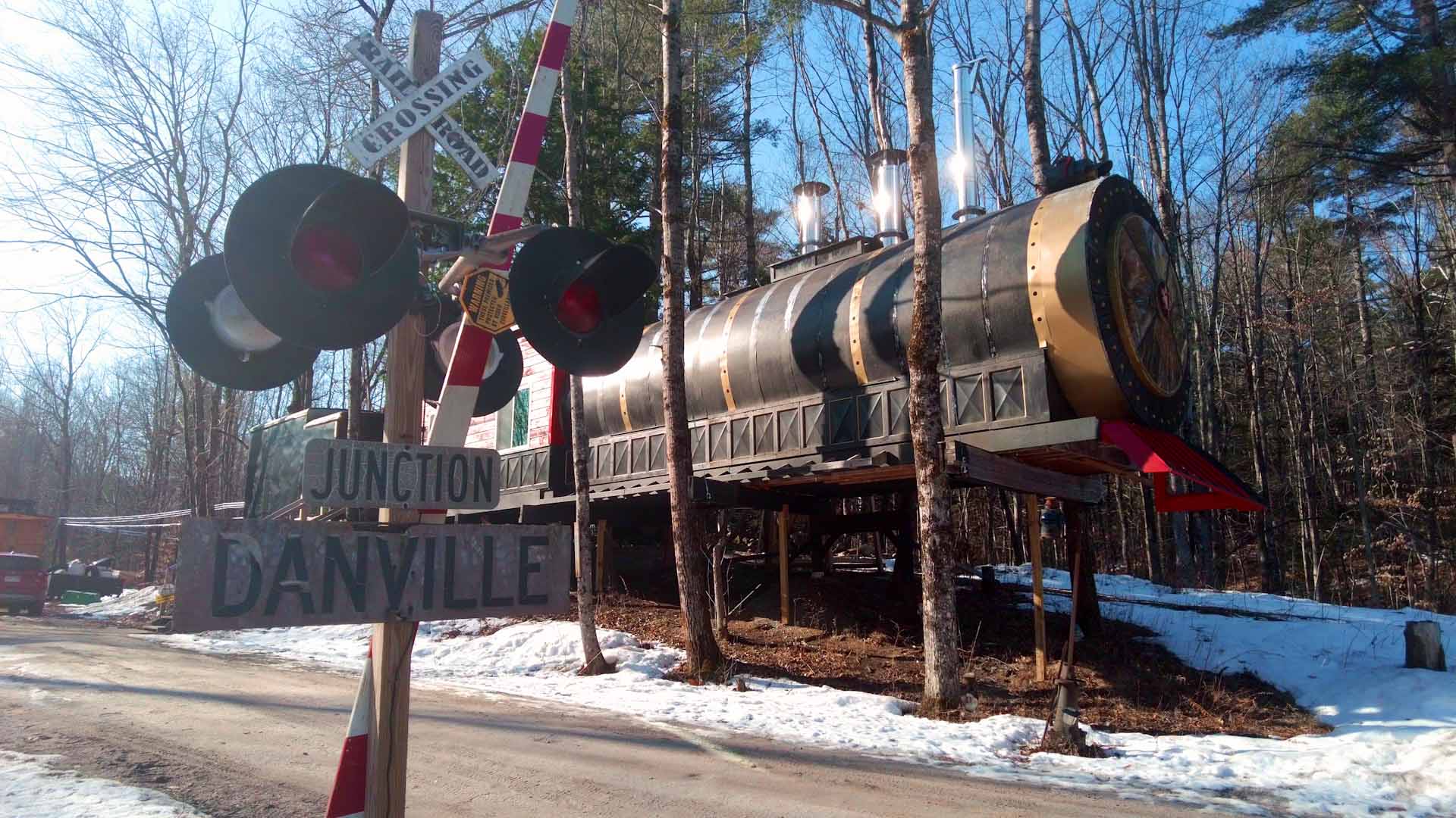 A train replica in the trees - where maple syrup is made